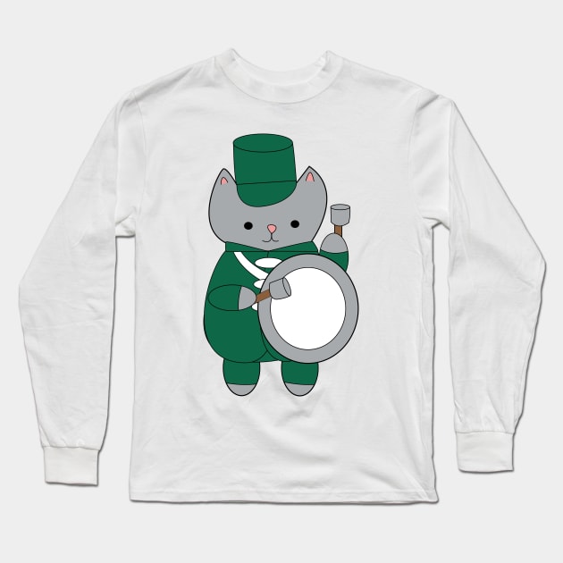 Marching Band Cat Bass Drummer Green and White Long Sleeve T-Shirt by Beautiful Cuteness